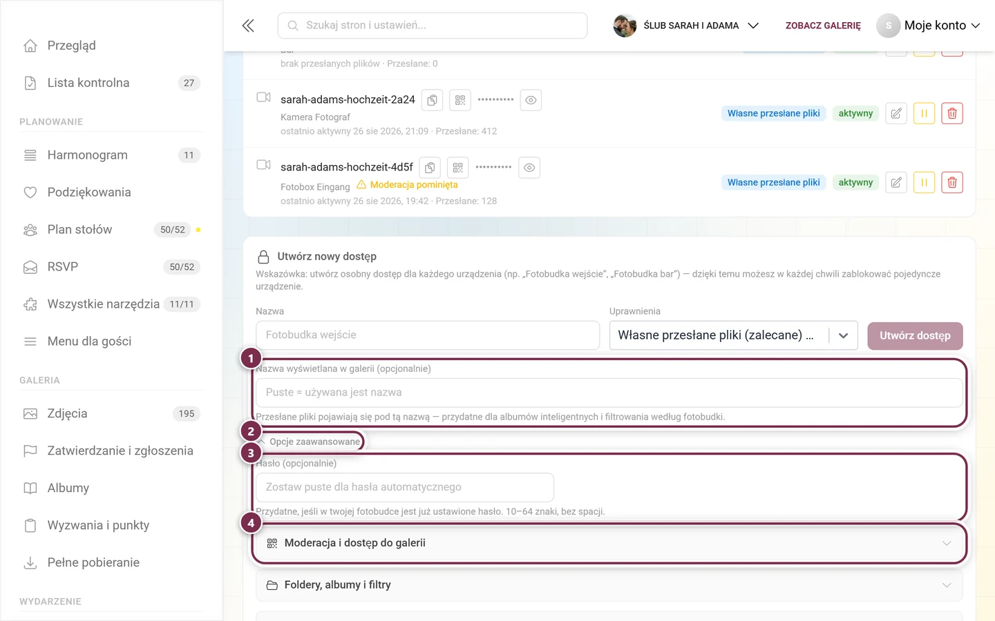 Formularz nowego dostępu z zaznaczoną nazwą wyświetlaną, rozwijaną sekcją Opcje zaawansowane, polem hasła i pierwszą grupą opcji