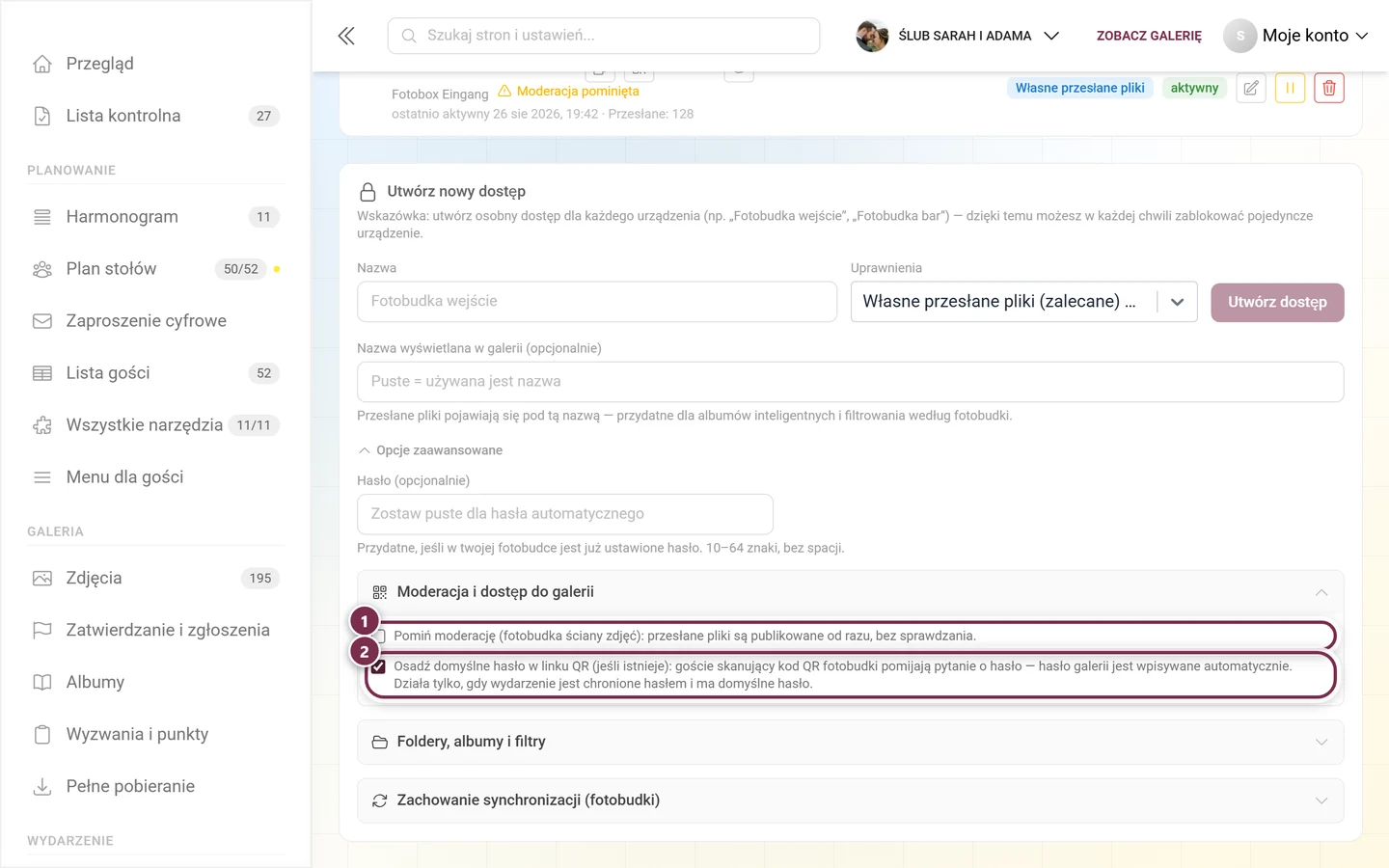 Rozwinięta grupa Moderacja i dostęp do galerii z dwoma zaznaczonymi polami wyboru