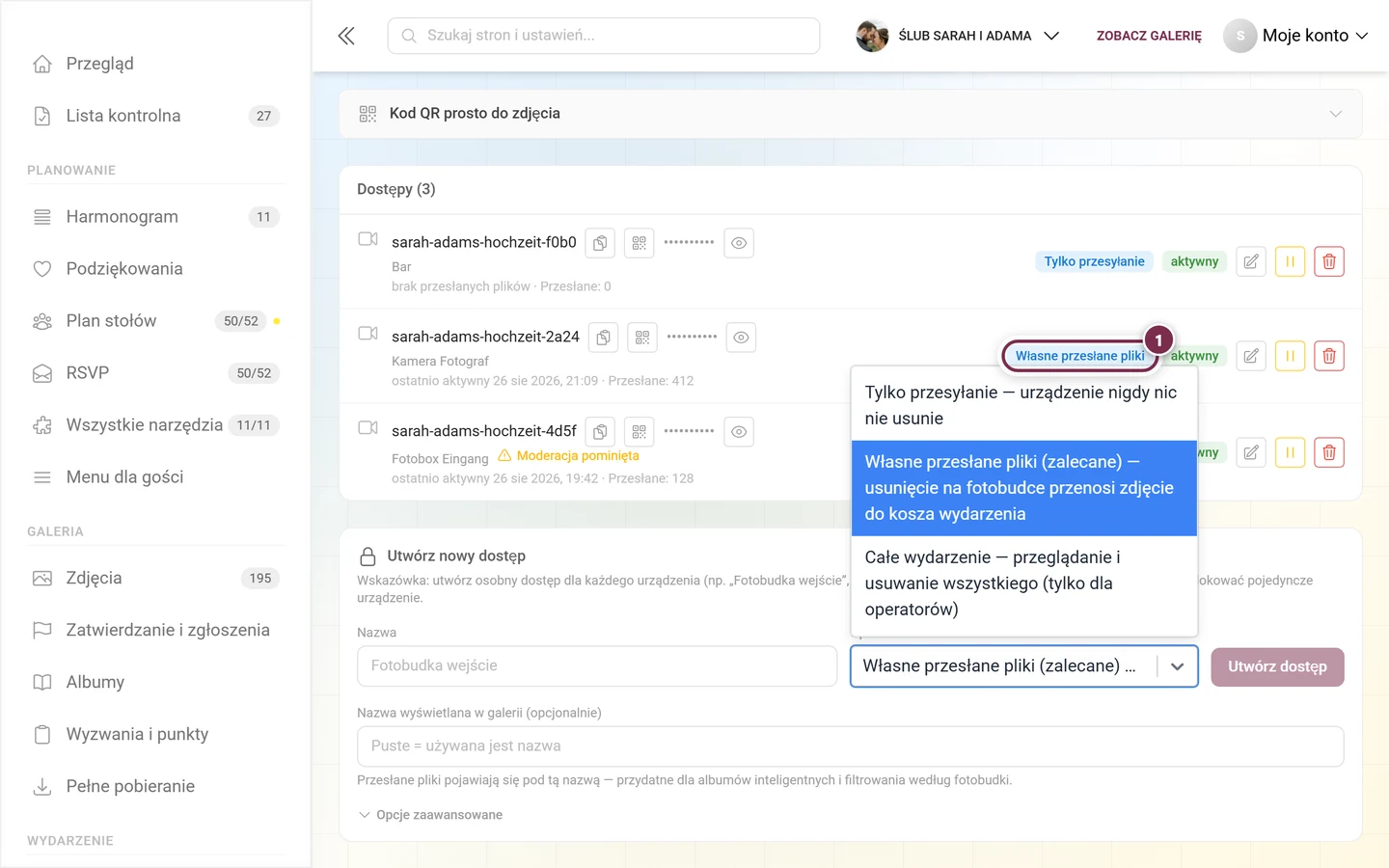 Rozwinięte menu Uprawnienia w formularzu nowego dostępu, zaznaczona opcja Własne przesłane pliki (zalecane)