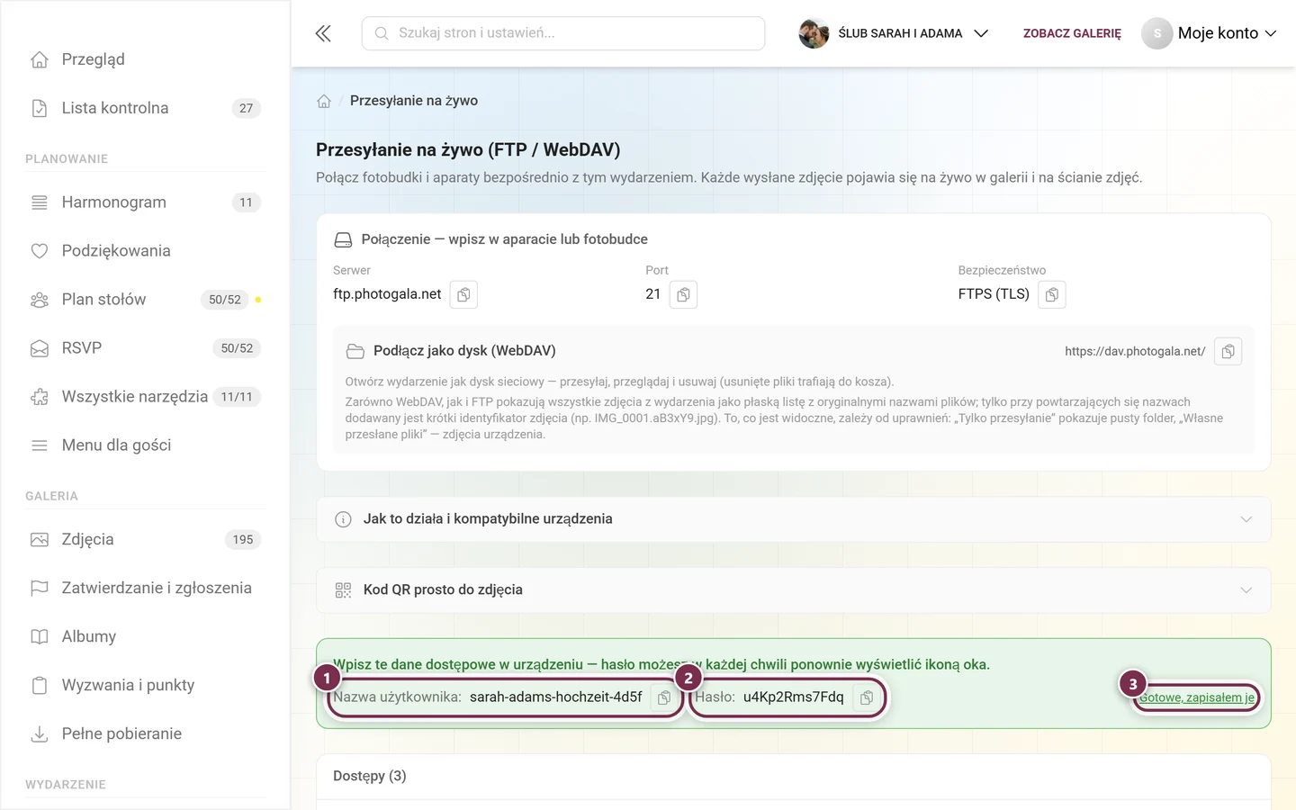 Zielony panel jednorazowy z zaznaczoną nazwą użytkownika, zaznaczonym hasłem i przyciskiem potwierdzenia