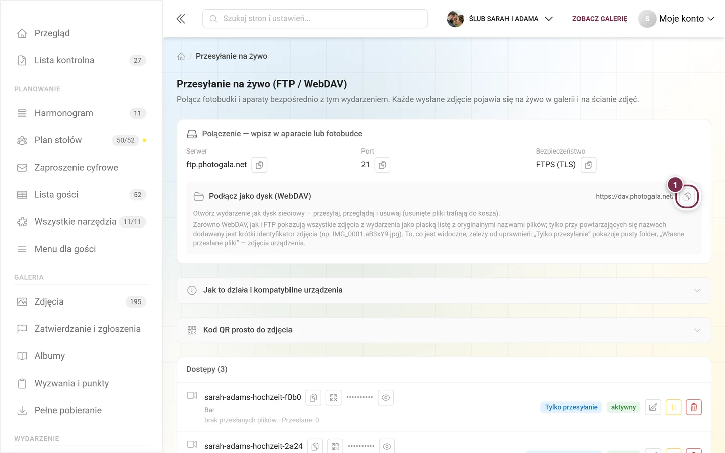 Wiersz Podłącz jako dysk (WebDAV) z zaznaczonym przyciskiem kopiowania obok adresu