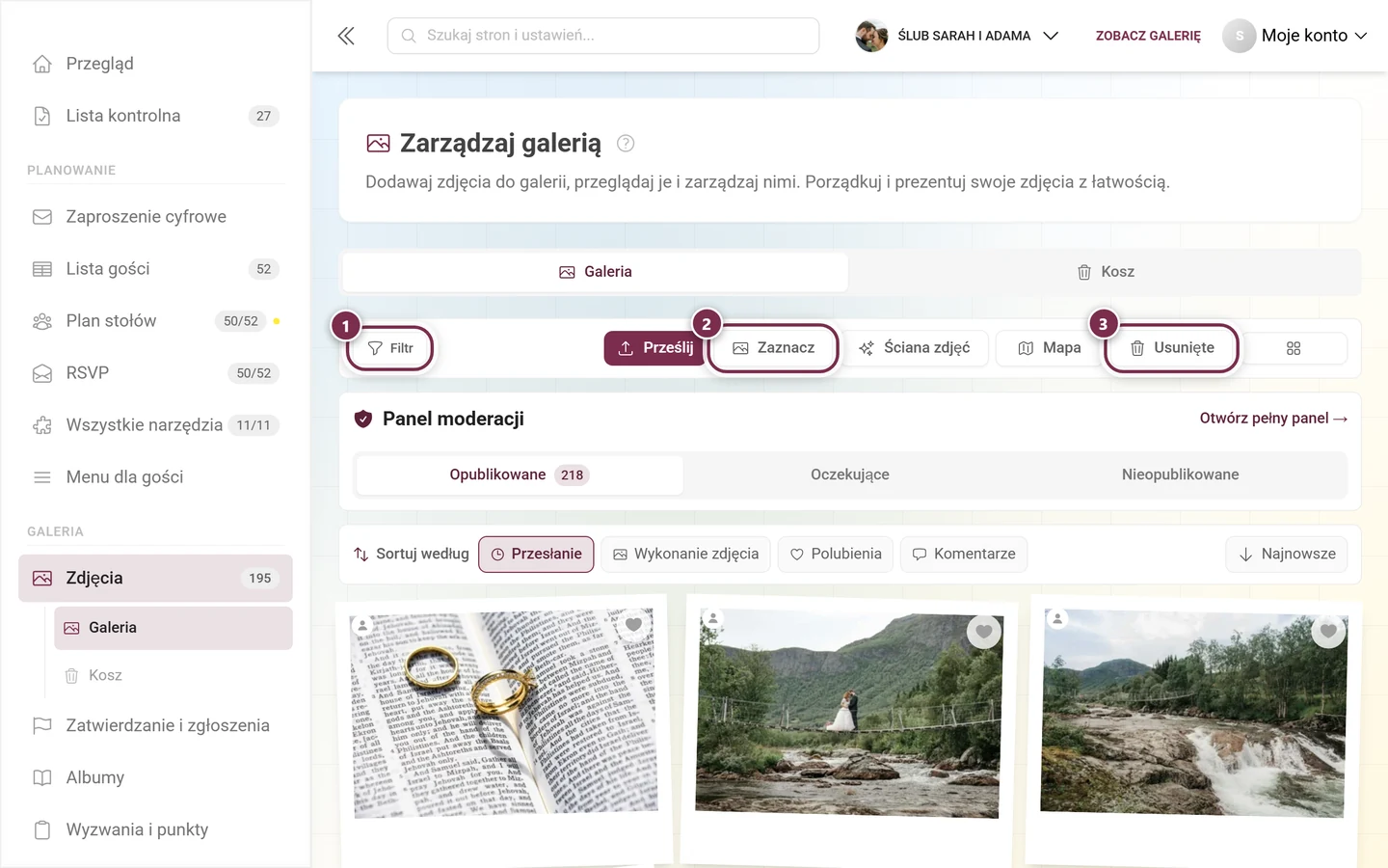 Pasek akcji nad galerią z trzema zaznaczonymi przyciskami Filtr, Zaznacz i Usunięte