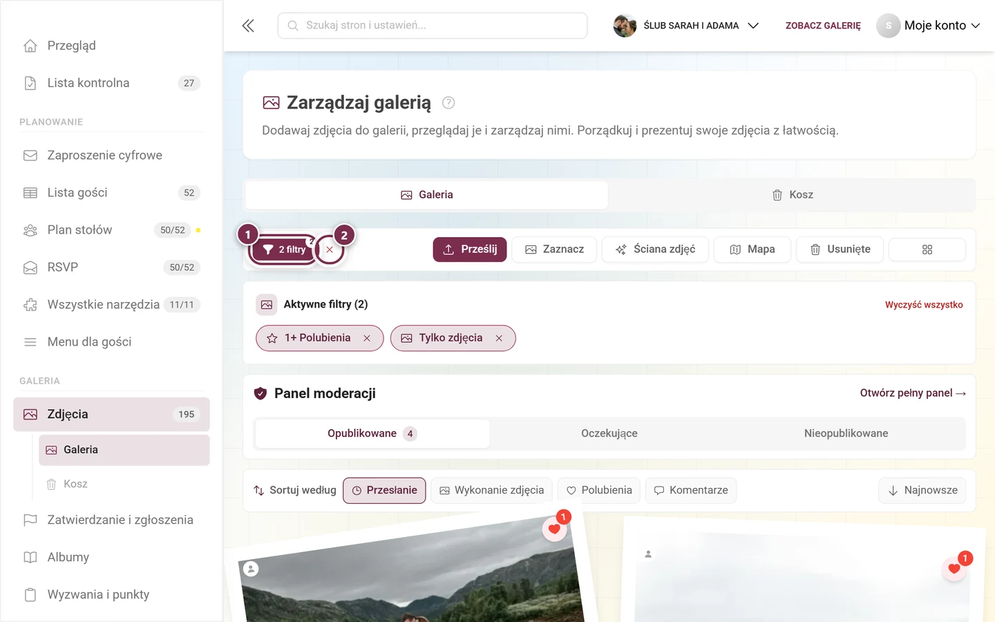 Pasek akcji z kolorowym przyciskiem Filtr z liczbą i czerwonym X obok