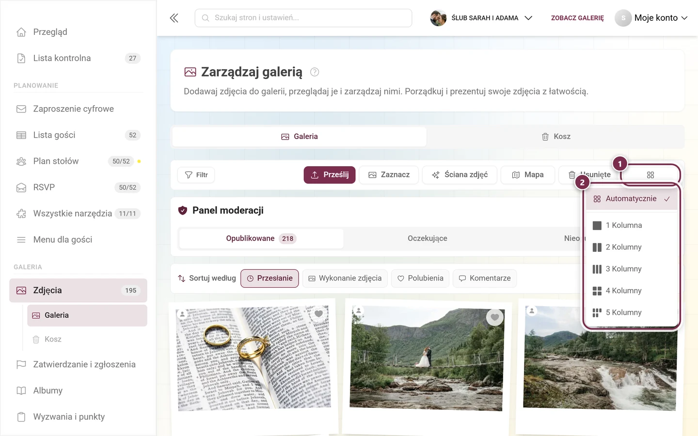 Otwarte menu kolumn z pozycjami Automatycznie oraz od 1 do 5 kolumn