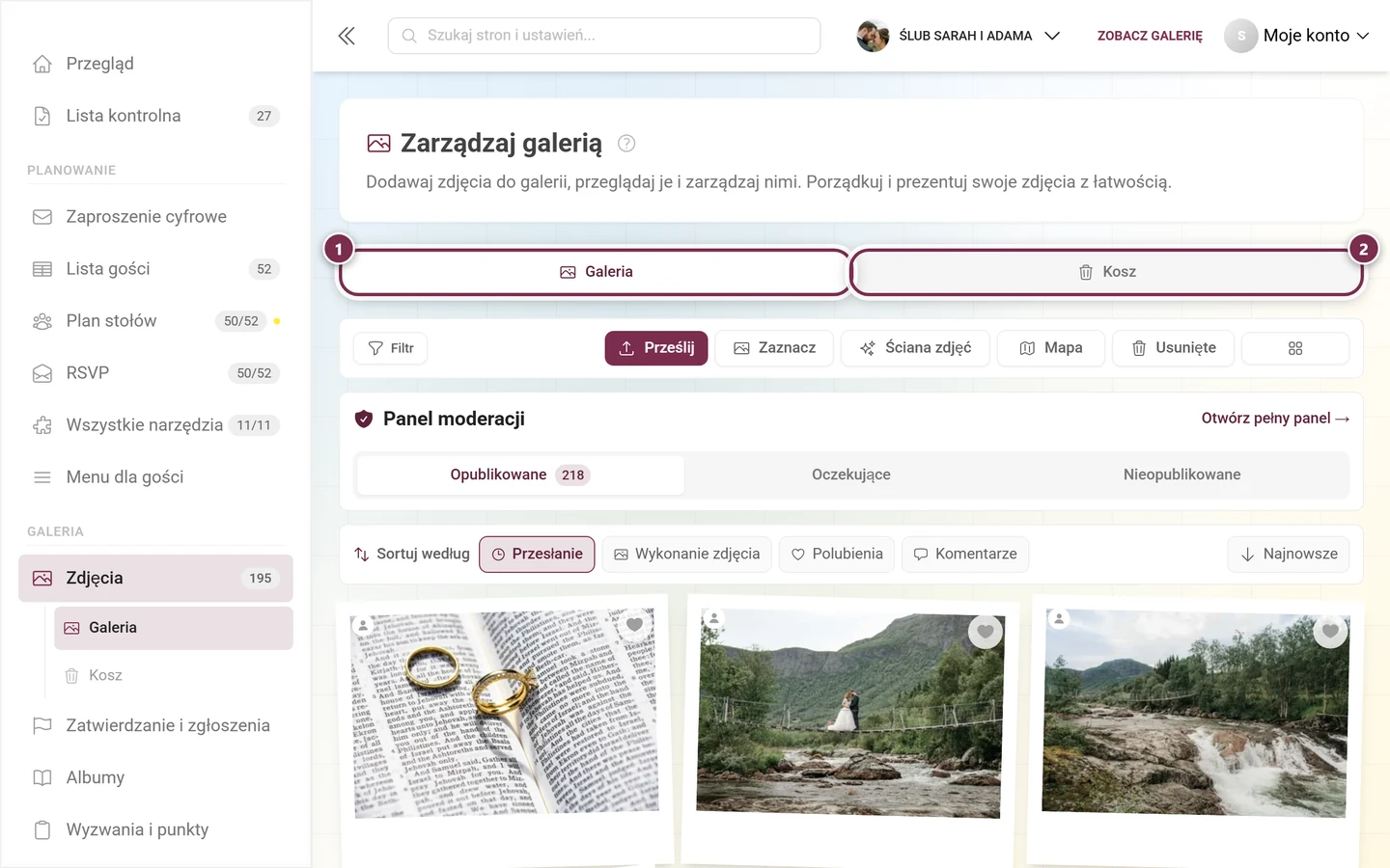 Pasek kart strony z zaznaczonymi kartami Galeria i Kosz
