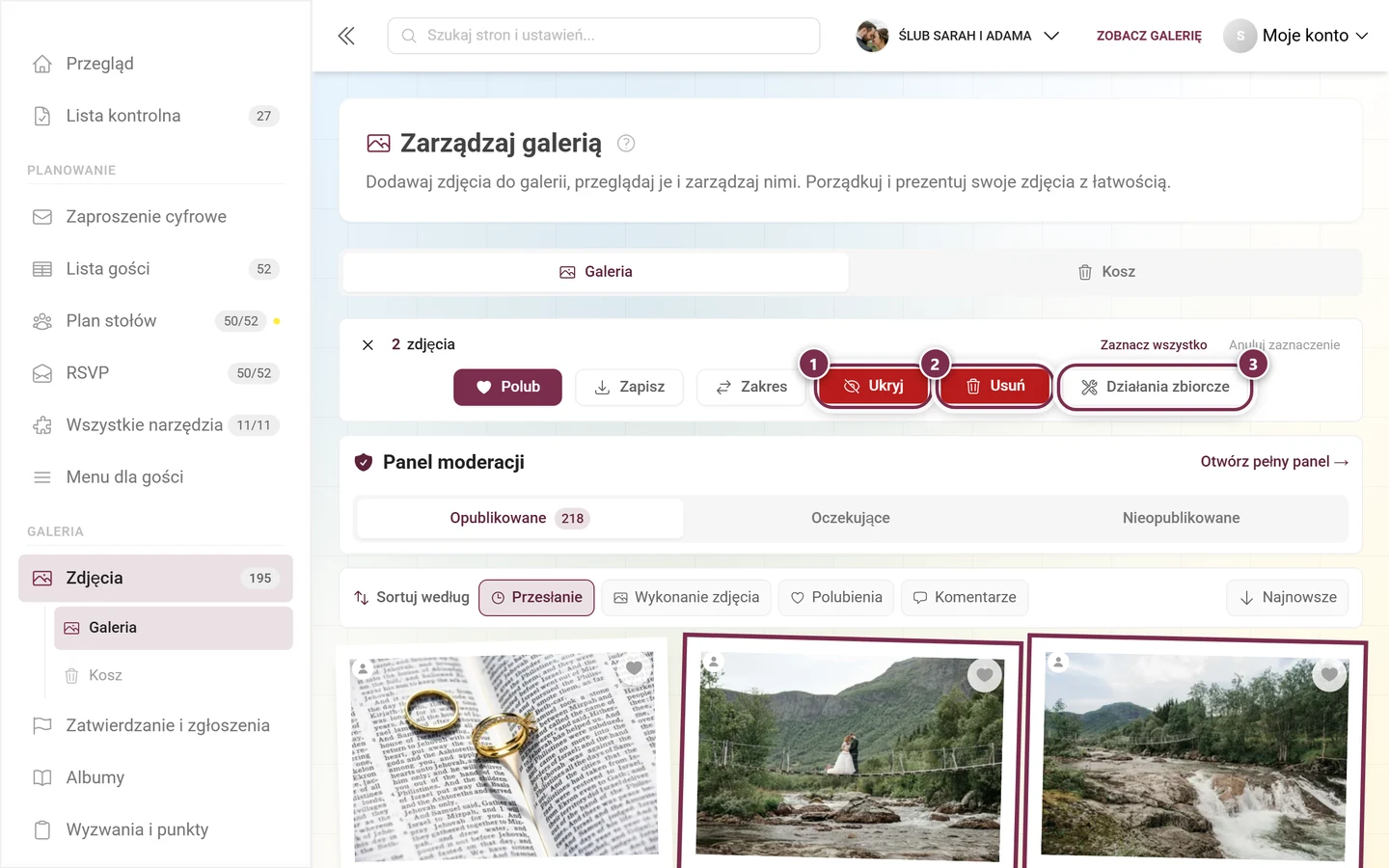 Rząd przycisków paska zaznaczania z zaznaczonymi przyciskami Ukryj, Usuń i Działania zbiorcze