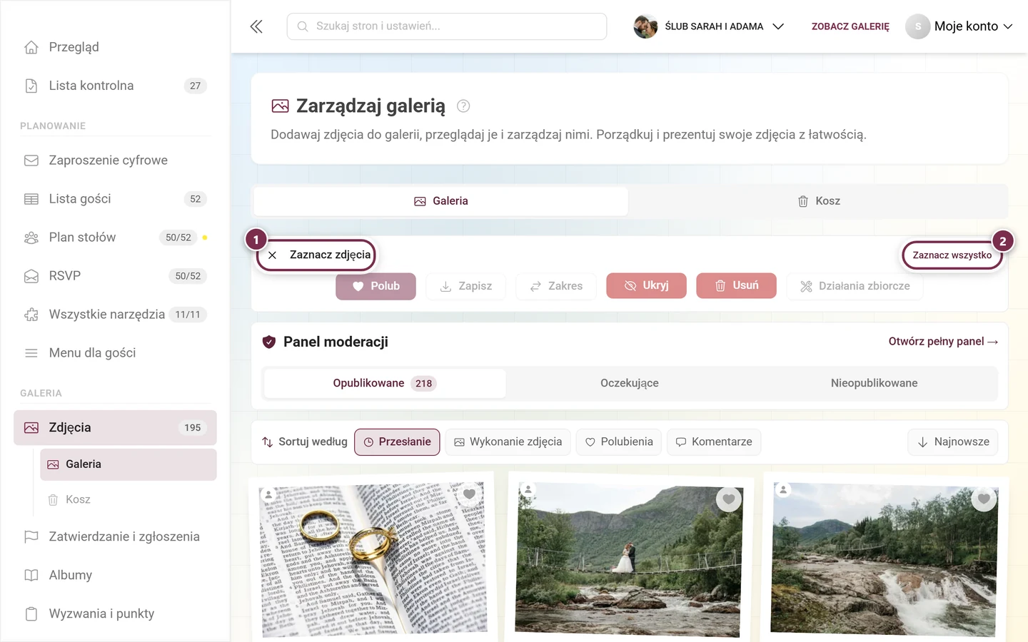Pasek zaznaczania z zaznaczonym nagłówkiem Zaznacz zdjęcia i zaznaczonym przyciskiem Zaznacz wszystko