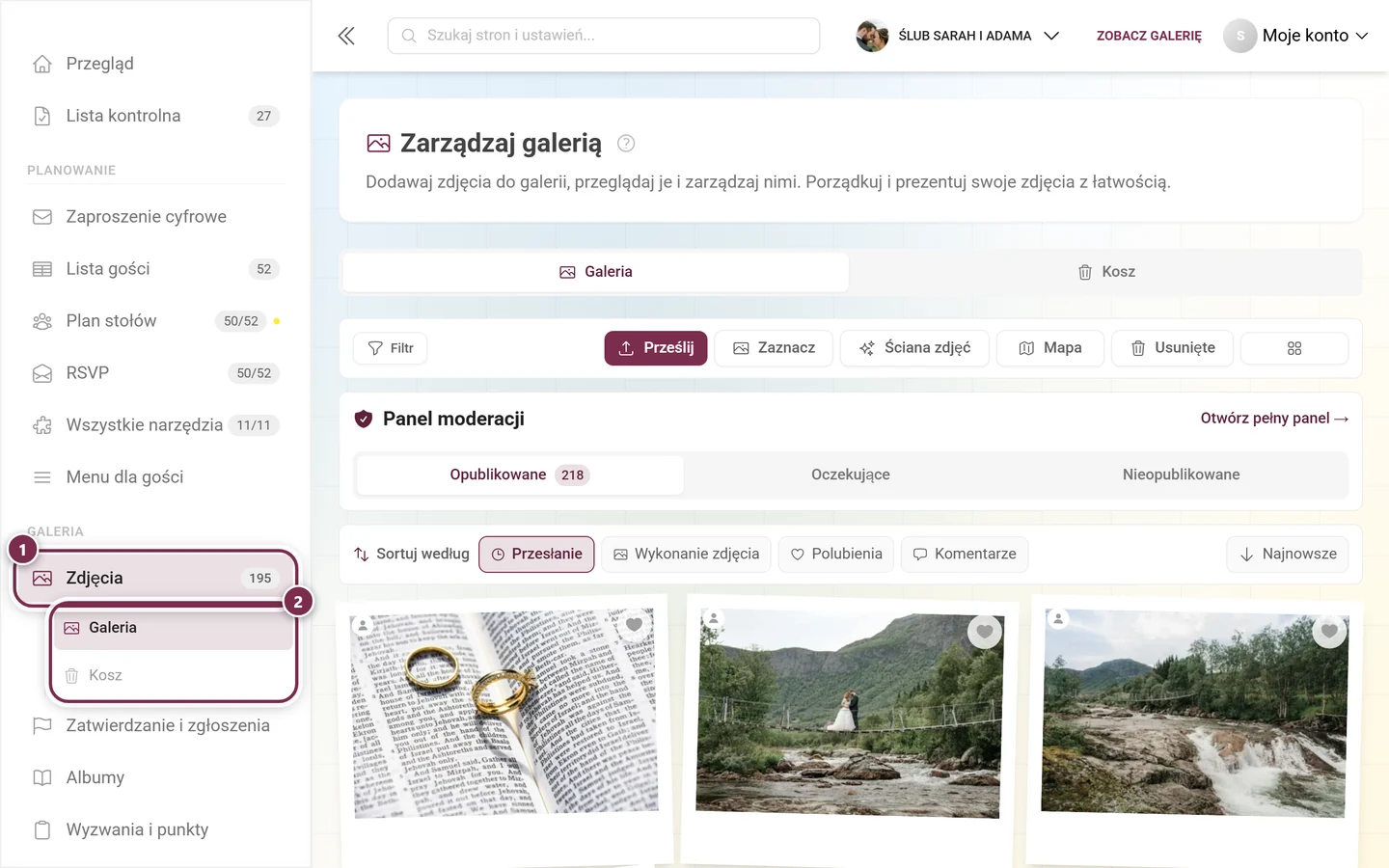 Menu po lewej z zaznaczoną pozycją Zdjęcia i jej podpozycjami Galeria i Kosz