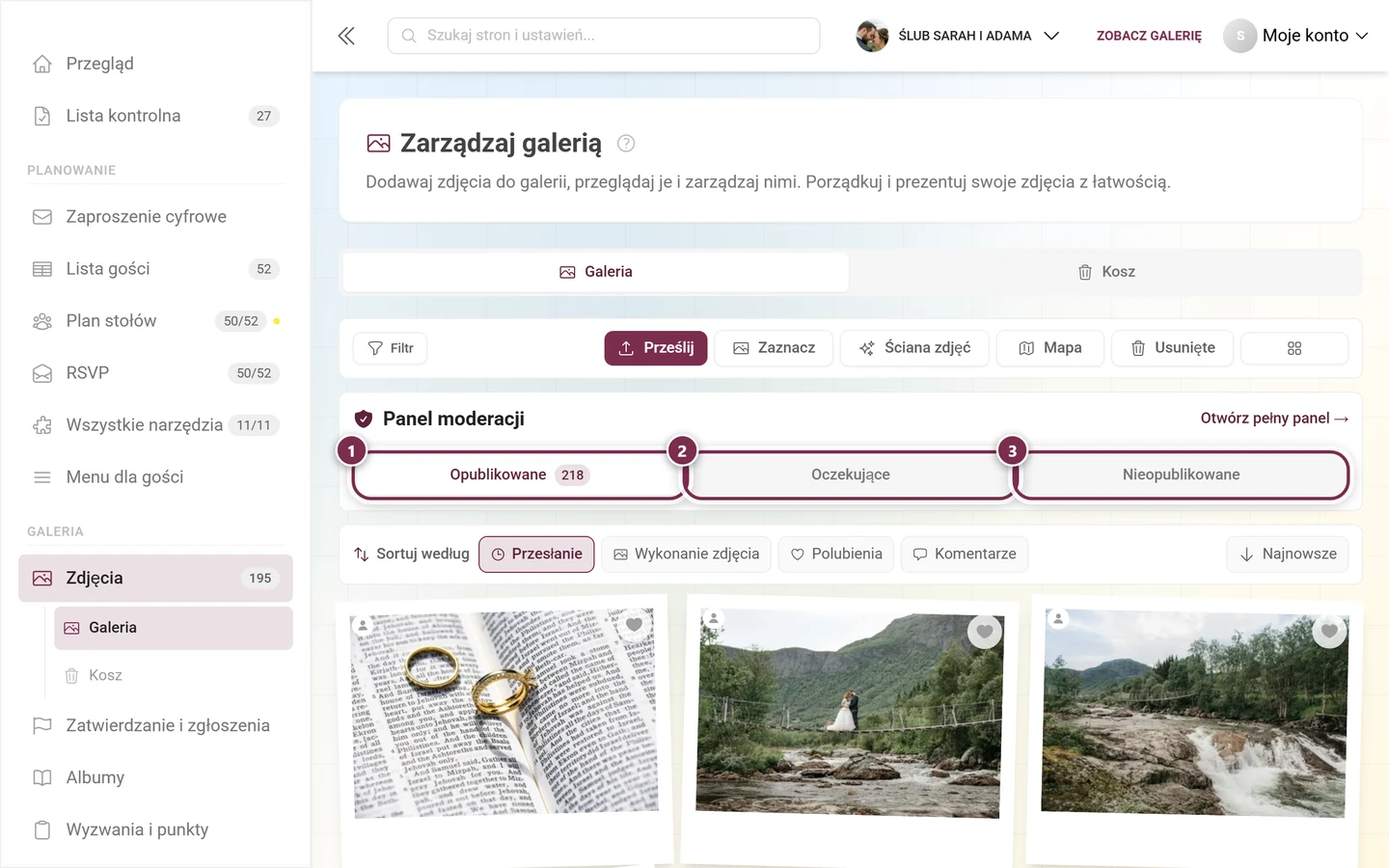 Trzy karty statusu w panelu moderacji, wszystkie zaznaczone