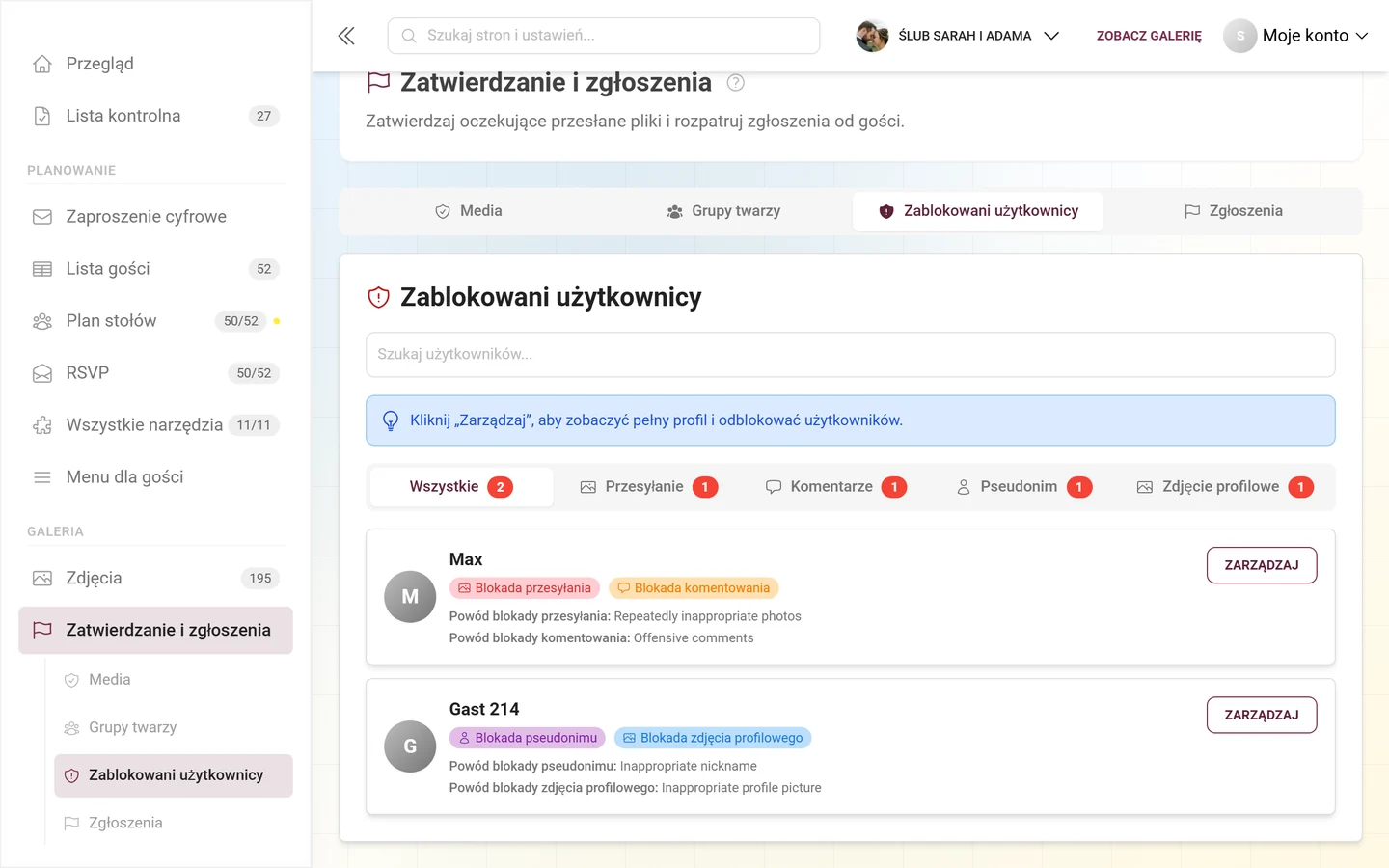 Karta Zablokowani użytkownicy z podkartami i zablokowanymi osobami wraz z plakietkami blokad