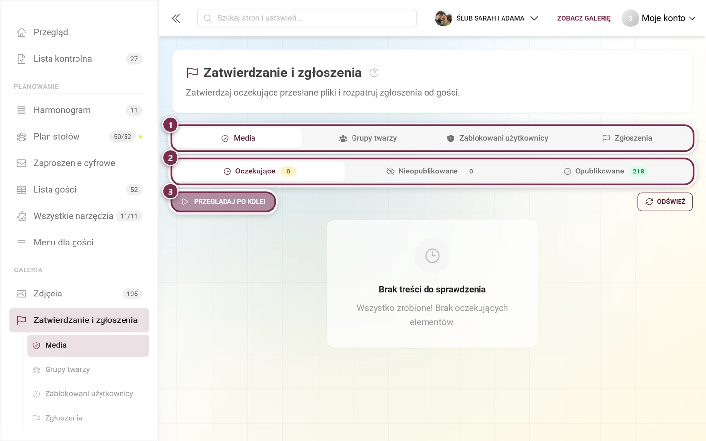 Strona Zatwierdzanie i zgłoszenia w panelu administratora z kartami Media, Zablokowani użytkownicy i Zgłoszenia
