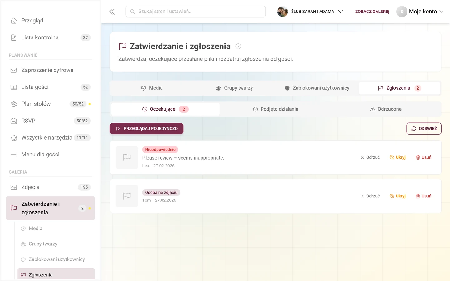 Karta Zgłoszenia ze zgłoszonymi treściami, plakietkami powodów i działaniami Odrzuć, Ukryj i Usuń