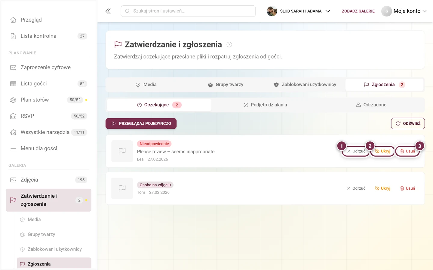 Wiersz otwartego zgłoszenia z trzema przyciskami Odrzuć, Ukryj i Usuń