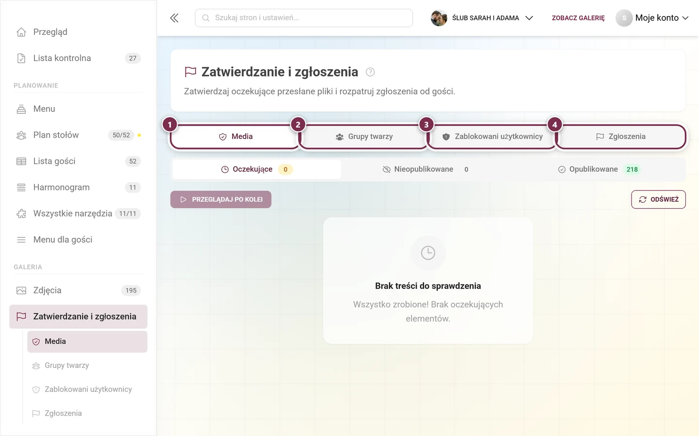 Pasek kart strony moderacji z czterema zaznaczonymi kartami