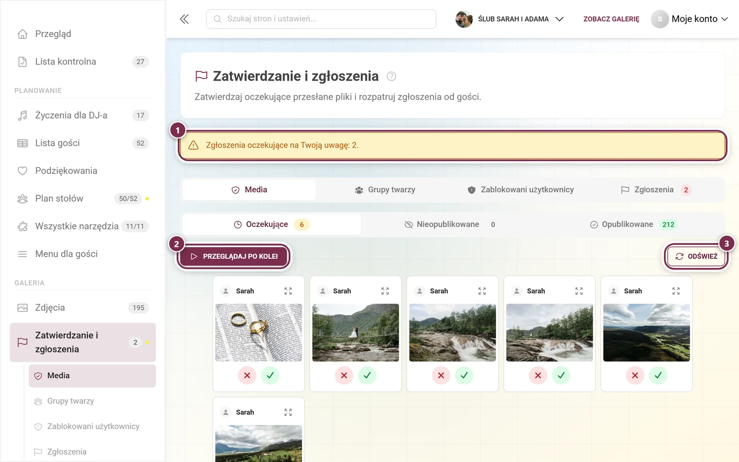 Nagłówek strony moderacji z żółtym banerem ostrzegawczym, wierszem kart, kartami statusu i paskiem narzędzi