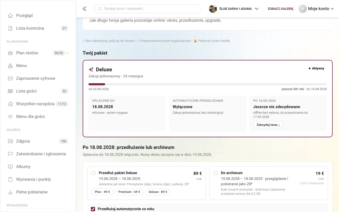 Karta Twój pakiet z nazwą pakietu, oznaczeniem Aktywny, paskiem okresu i kafelkami Opłacone do, Automatyczne przedłużanie i Po dacie wygaśnięcia