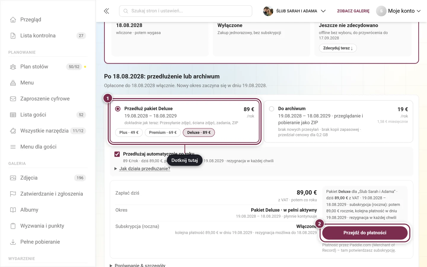 Blok Po dacie: przedłużenie lub archiwum z wybranym kafelkiem Przedłuż pakiet, podsumowaniem i przyciskiem Przejdź do płatności