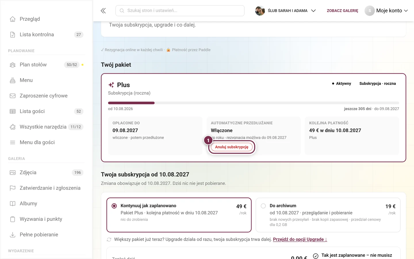 Karta Twój pakiet z oznaczeniami Aktywny i Subskrypcja · roczna, kafelkami Automatyczne przedłużanie Włączone i Kolejna płatność oraz przyciskiem Anuluj subskrypcję