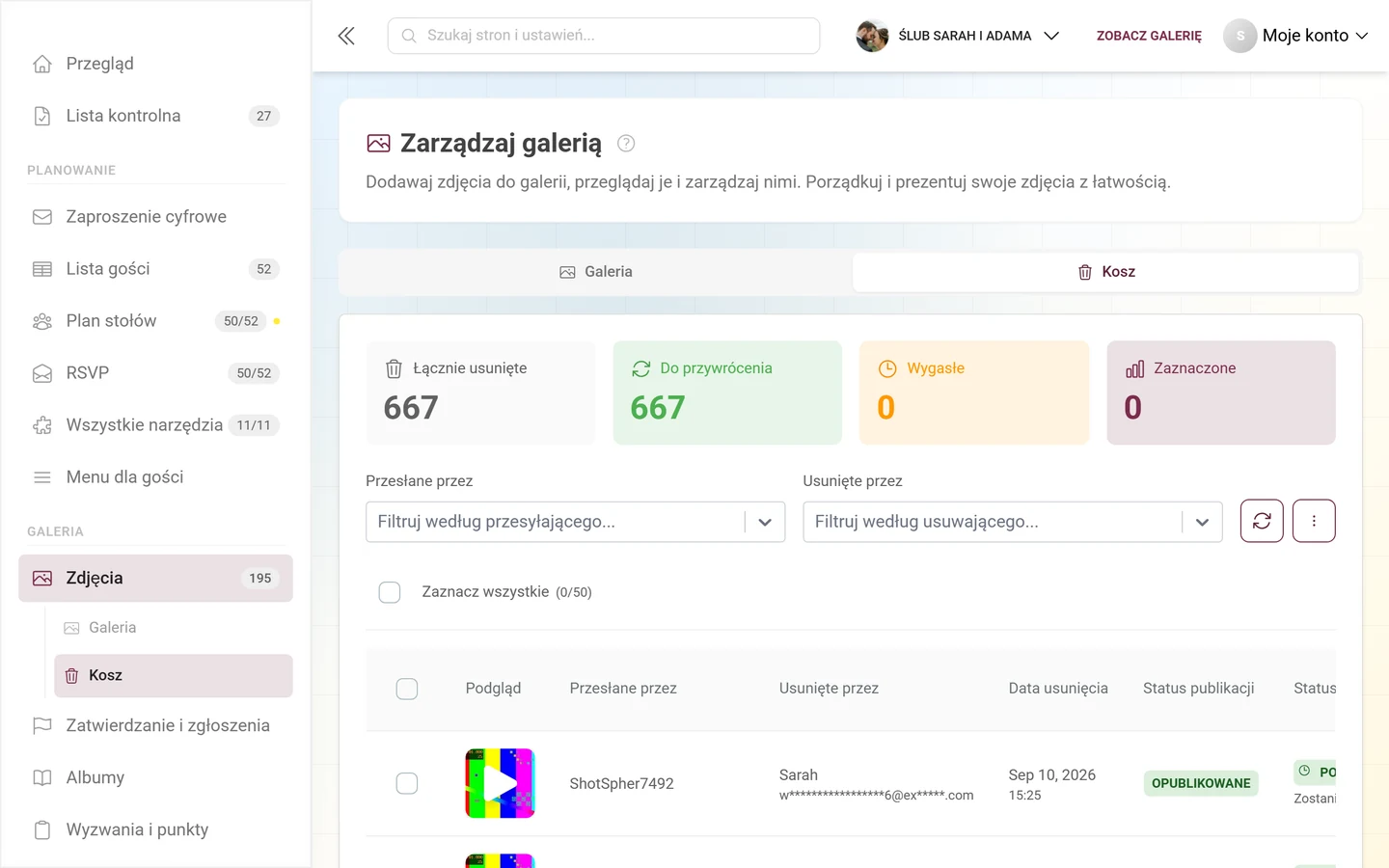 Widok kosza z kafelkami statystyk i listą usuniętych zdjęć