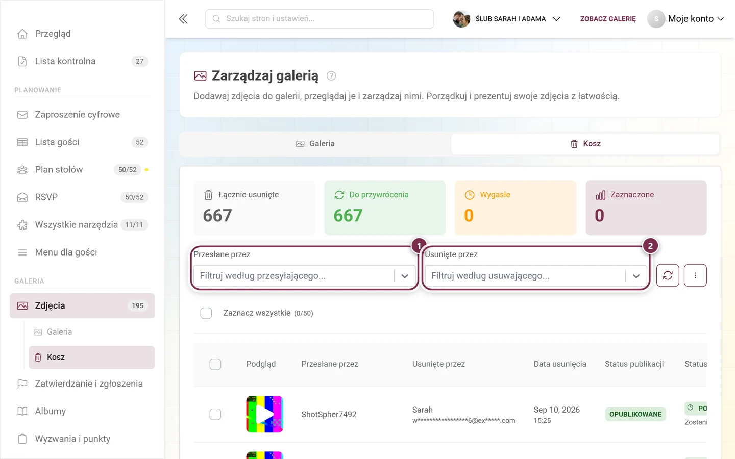 Dwa filtry osób w koszu, zaznaczone Przesłane przez i Usunięte przez
