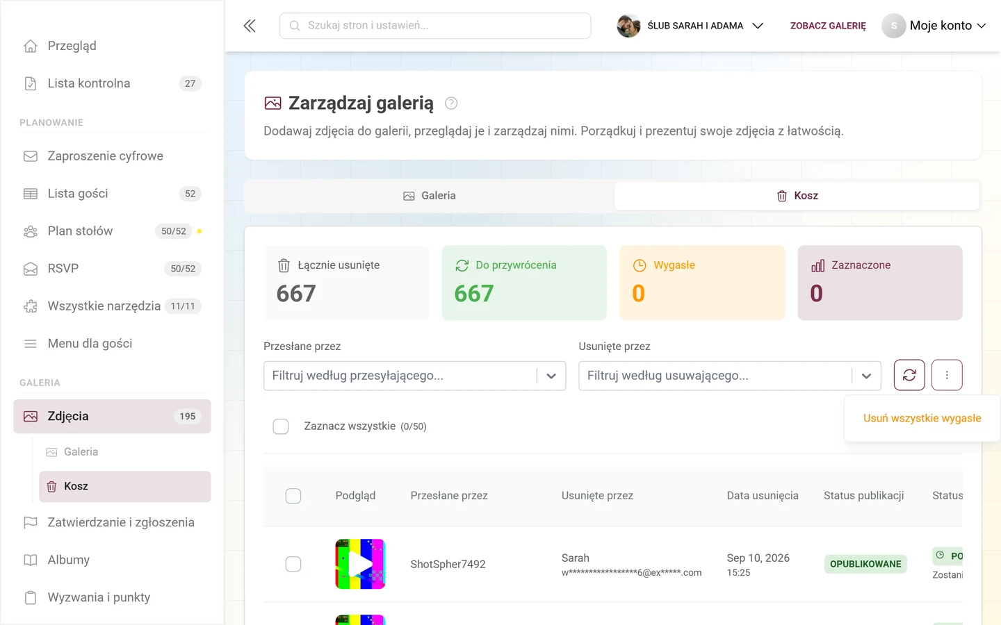 Otwarte menu z trzema kropkami w koszu z pozycją Usuń wszystkie wygasłe