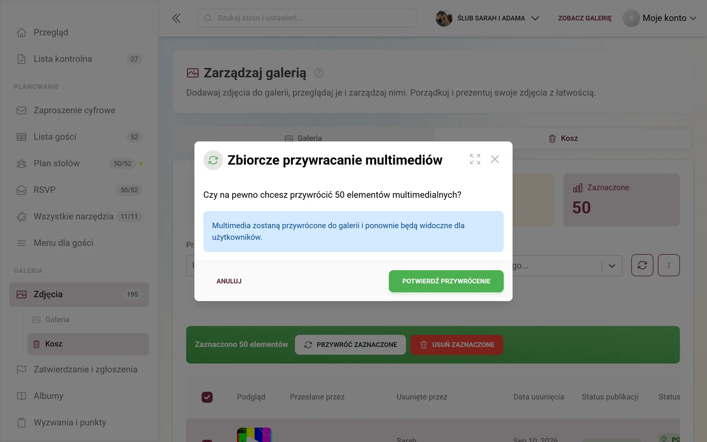 Okno Zbiorcze przywracanie multimediów z liczbą elementów i niebieskim polem informacyjnym
