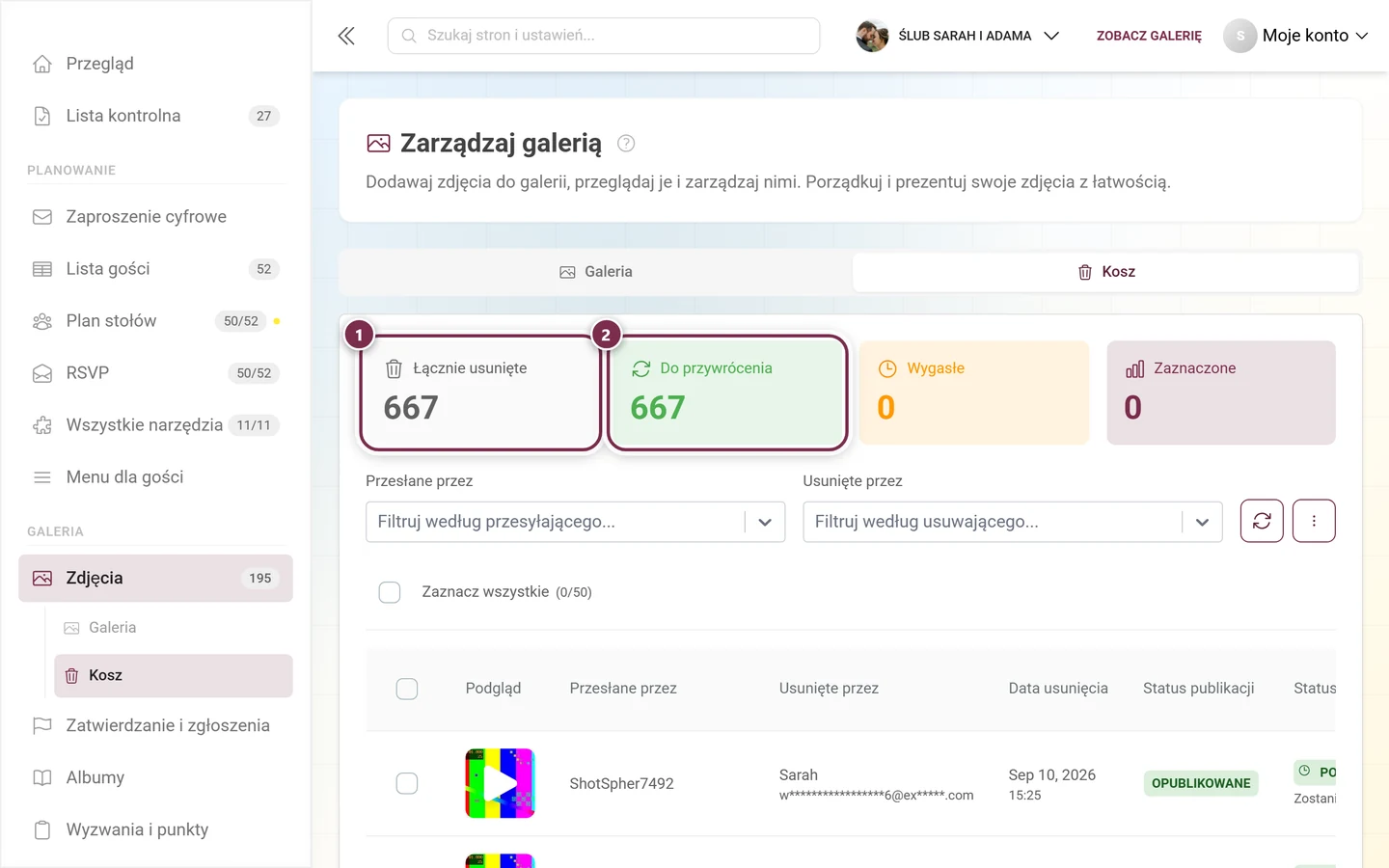 Kafelki statystyk kosza, zaznaczone Łącznie usunięte i Do przywrócenia