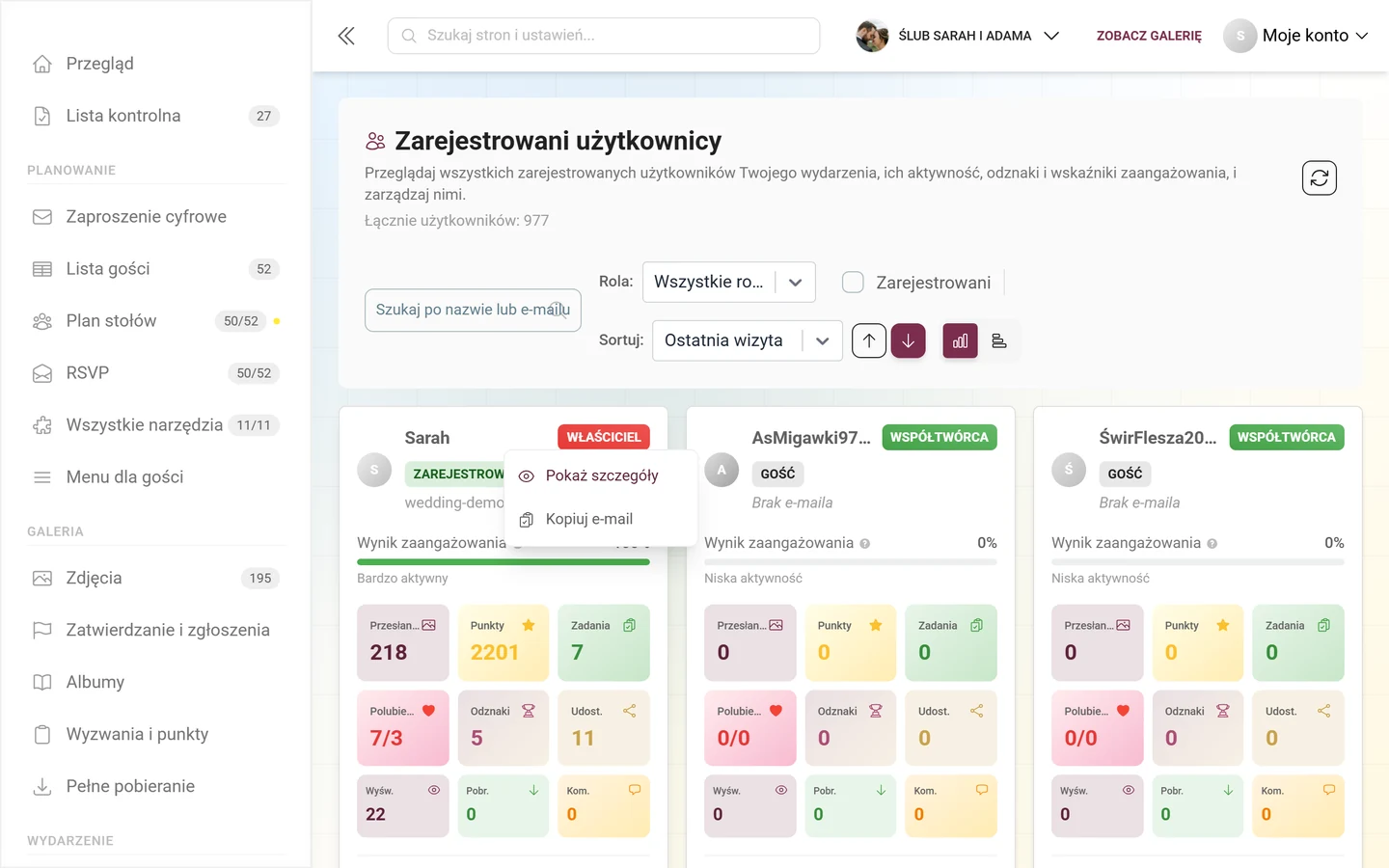 Menu kontekstowe na karcie uczestnika z pozycjami Pokaż szczegóły i Kopiuj e-mail