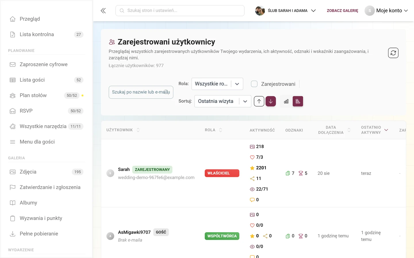 Lista uczestników w widoku tabeli z kolumnami użytkownika, roli, aktywności i dalszych danych