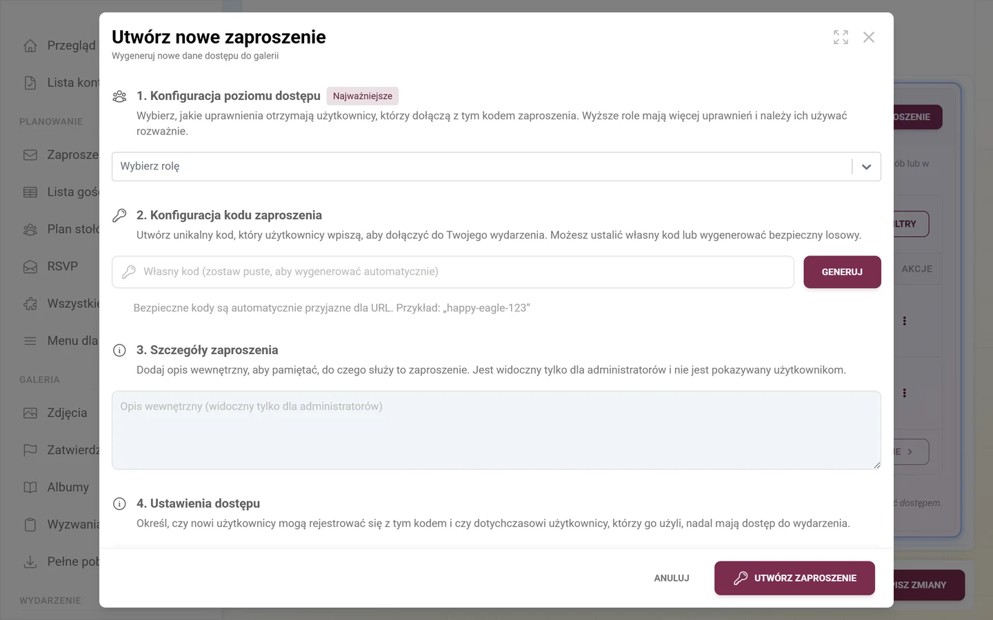 Okno tworzenia zaproszenia z wyborem roli i kodem zaproszenia