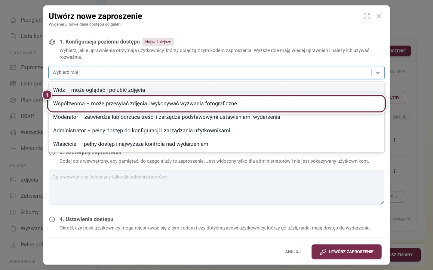Rozwinięty wybór roli w oknie zaproszenia z wyróżnioną pozycją Współtwórca