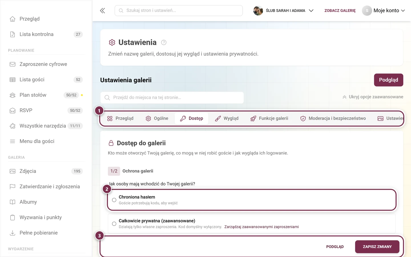 Zakładka Dostęp w ustawieniach galerii z ochroną galerii, uprawnieniami użytkowników i kodami zaproszeń