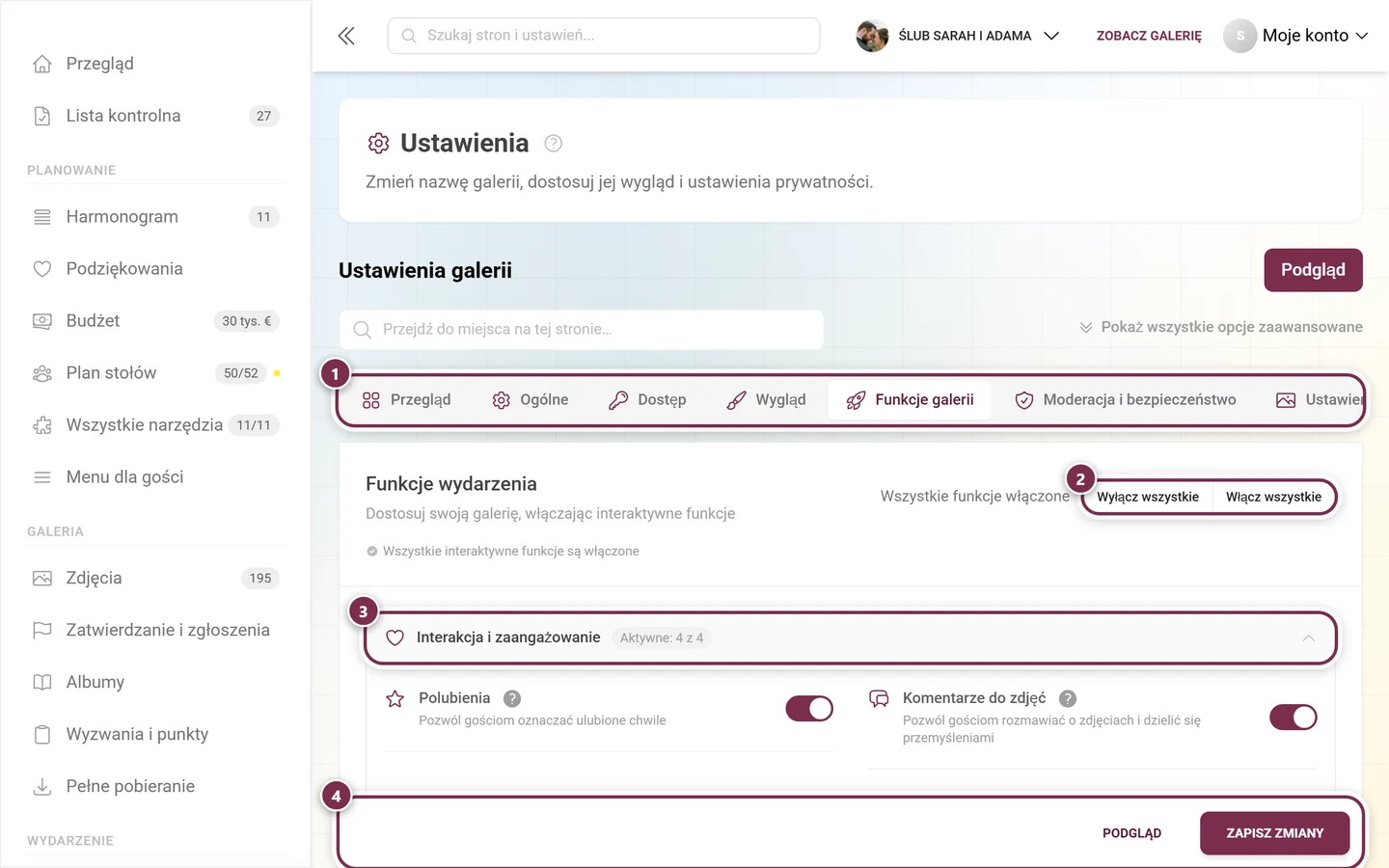 Karta Funkcje galerii w ustawieniach wydarzenia z przełącznikami polubień i komentarzy