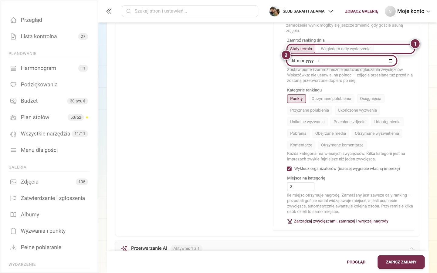 Dwa tryby Stały termin i Względem daty wydarzenia z polem daty poniżej