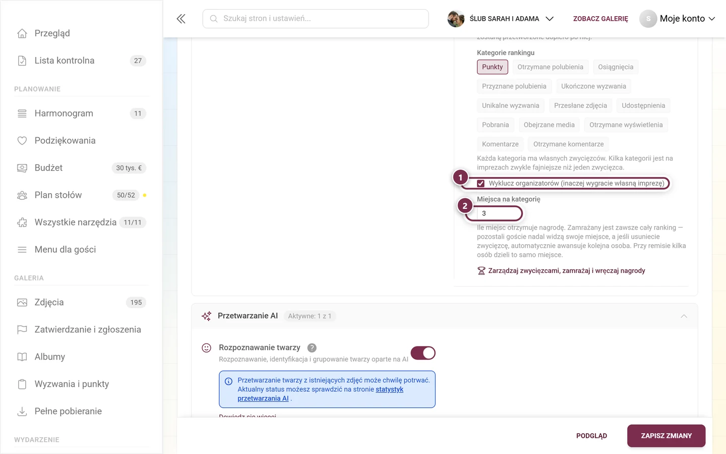 Pole Wyklucz organizatorów, a pod nim pole liczbowe Miejsca na kategorię z wartością 3