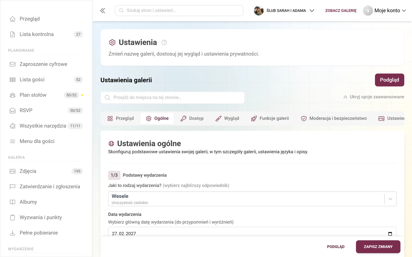 Zakładka Ogólne w ustawieniach galerii z sekcjami Podstawy wydarzenia, Ustawienia języka i Zawartość galerii