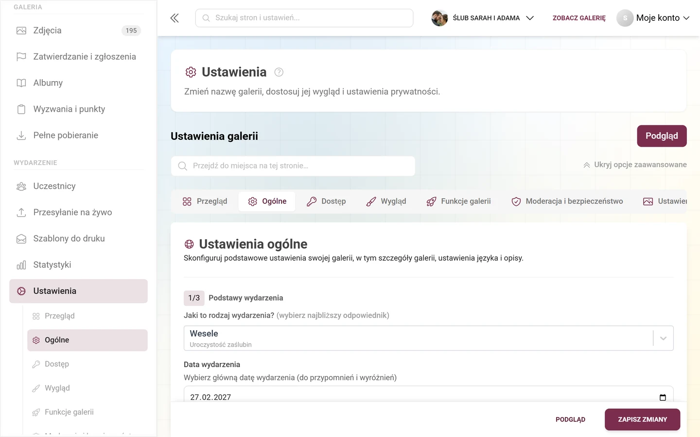 Sekcja 3/3 Zawartość galerii z przełącznikiem języka, tytułem galerii i opisem