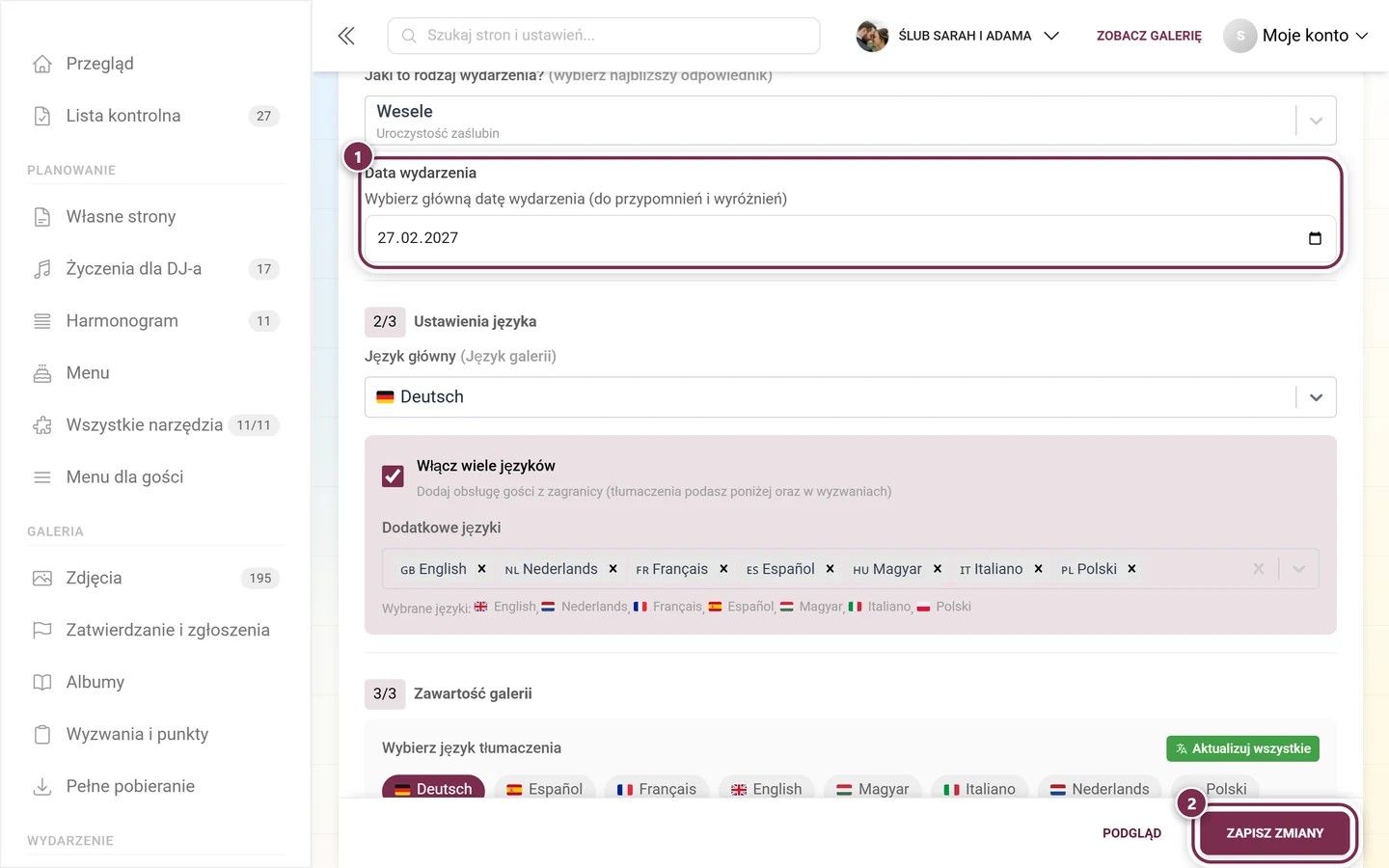 Pole Data wydarzenia w ustawieniach ogólnych z zaznaczeniem i paskiem zapisu