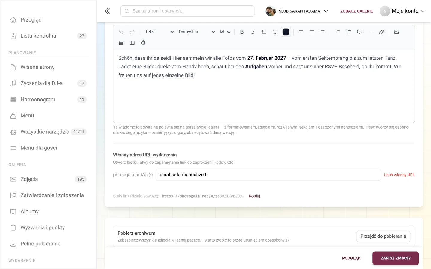 Własny adres URL wydarzenia z polem do wpisania i stałym linkiem pod spodem