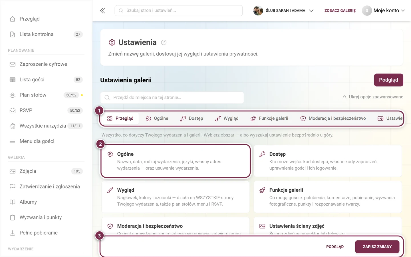 Zakładka Przegląd w ustawieniach galerii z jednym kafelkiem na każdy obszar