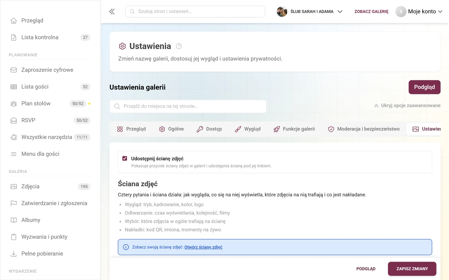 Ustawienia ściany zdjęć w panelu administratora