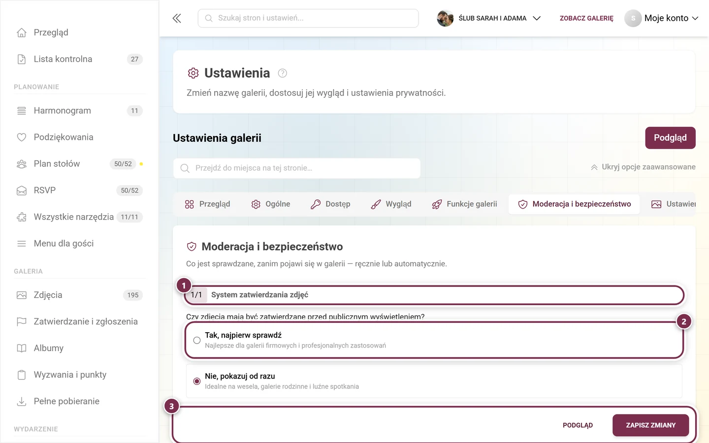 Karta ustawień Moderacja i bezpieczeństwo w panelu gospodarza