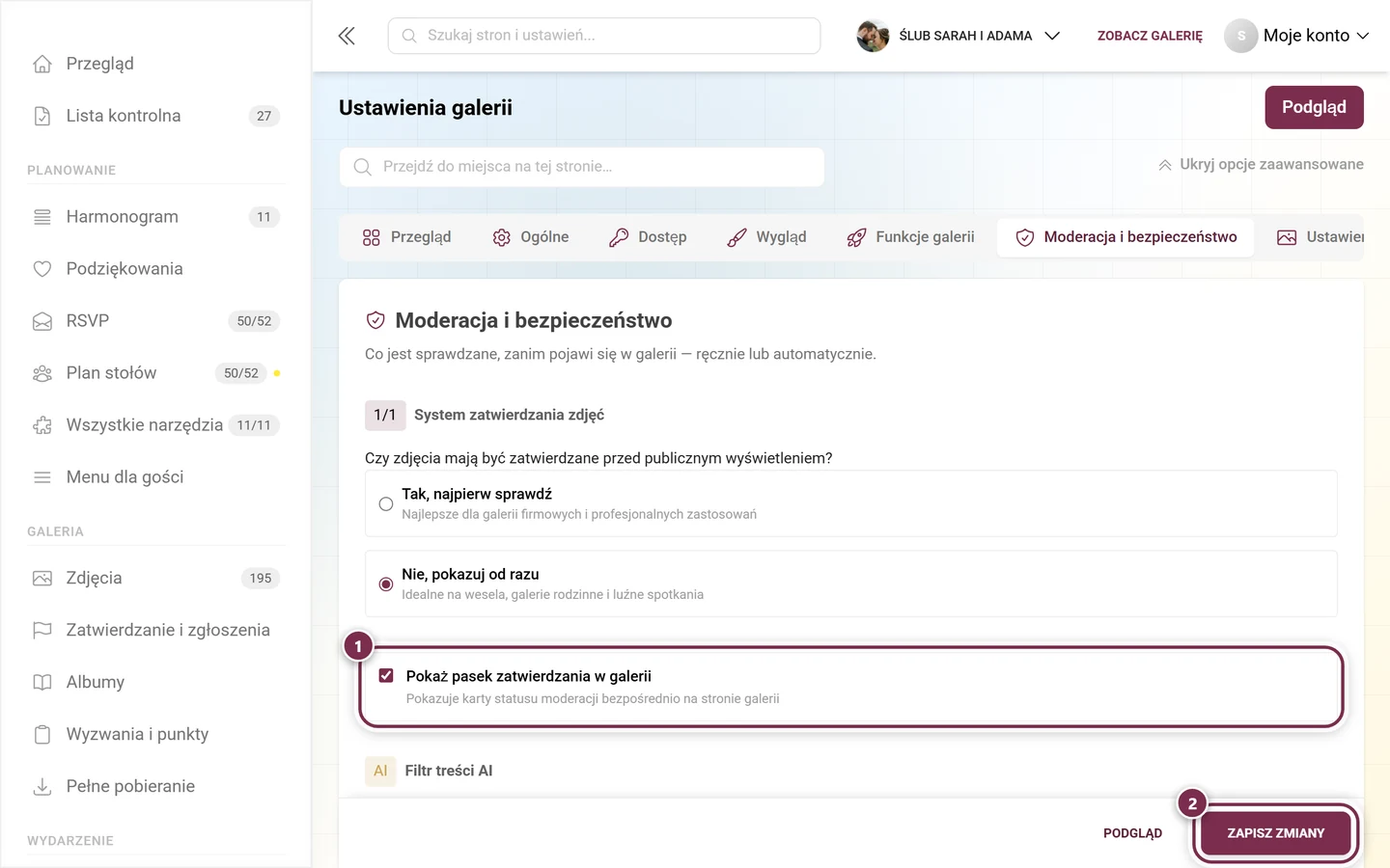 Karta Pokaż pasek zatwierdzania w galerii z zaznaczonym przełącznikiem i paskiem zapisu