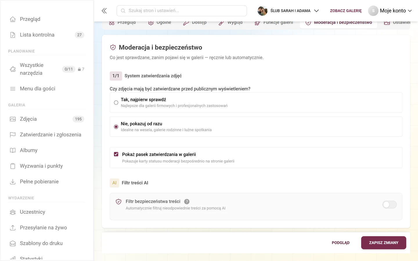 Karta Filtr bezpieczeństwa treści z plakietką AI i przełącznikiem, nad nią System zatwierdzania zdjęć i pasek zatwierdzania