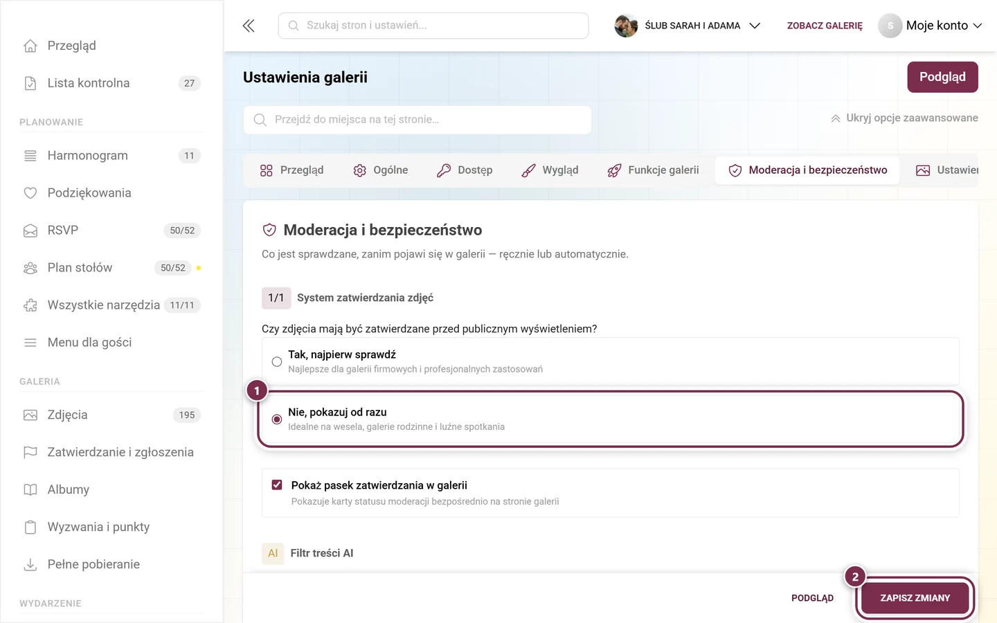 Ustawienia, karta Moderacja i bezpieczeństwo, z pytaniem o zatwierdzanie zdjęć i paskiem zapisu