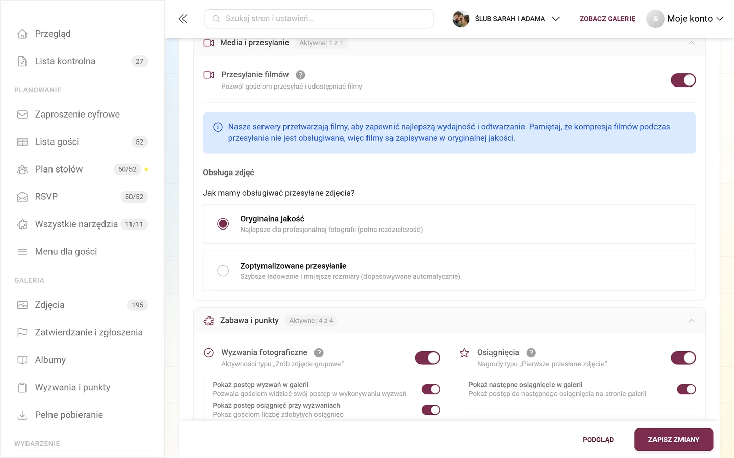 Blok jakości zdjęć w sekcji Media i przesyłanie