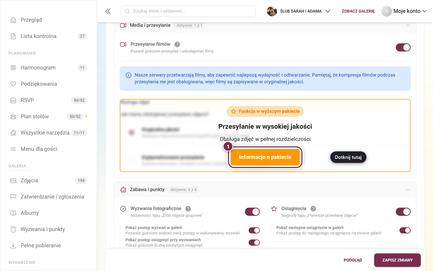 Blok Obsługa zdjęć przykryty pomarańczowym komunikatem o ulepszeniu, przycisk jest zaznaczony