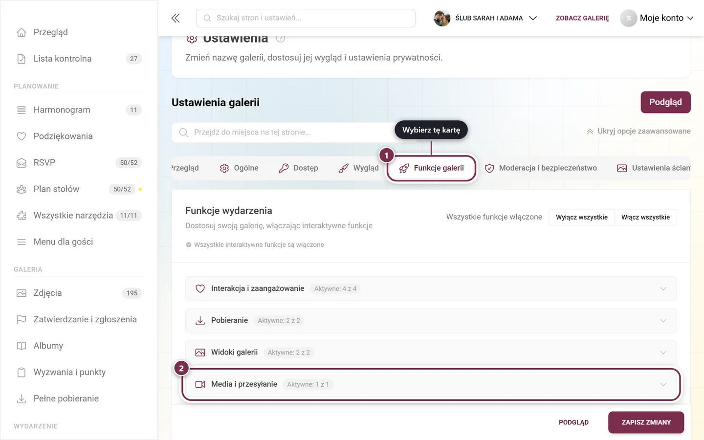 Zaznaczona karta Funkcje galerii, pod nią zaznaczona sekcja Media i przesyłanie