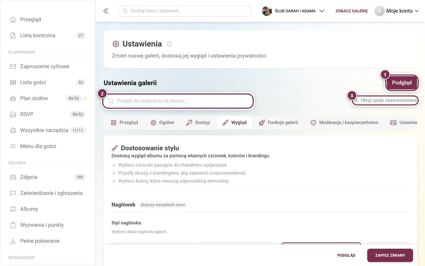 Ustawienia wyglądu z logo, kolorami i zdjęciem w tle