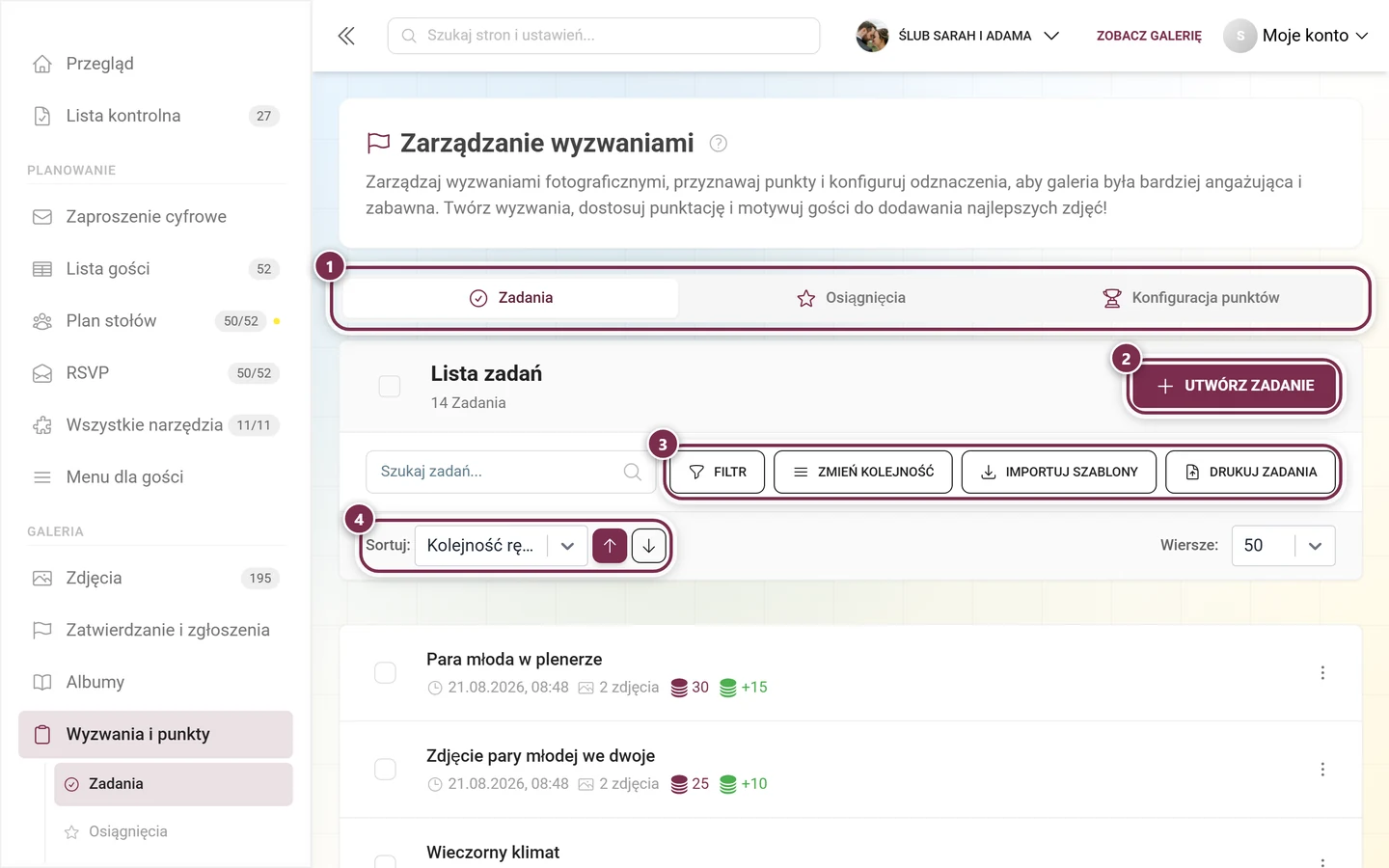 Zarządzanie zadaniami z zaznaczonym paskiem zakładek, przyciskiem tworzenia, paskiem narzędzi i sortowaniem